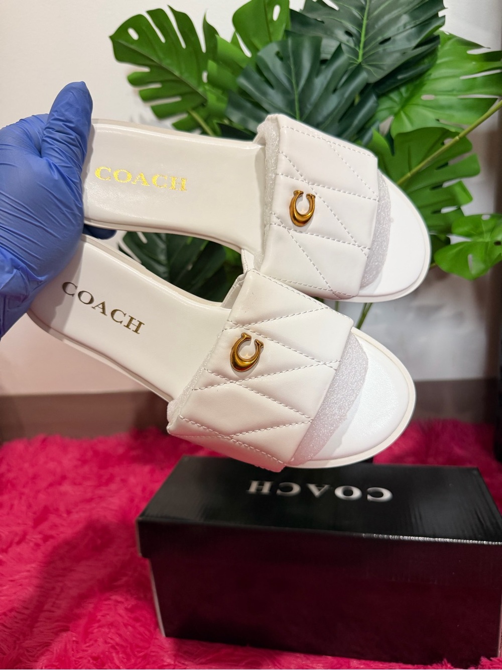Coach White Quilted Slide Sandals with Gold Accent